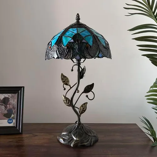 Vista 5 de Tiffany - Lámpara de mesa verde y marrón, hierro con hojas de metal, base de bronce, incluye bombilla LED, lámpara de enlace para sala de estar