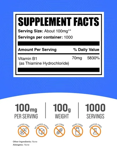 Vista 2 de BulkSupplements Tiamina HCl en polvo - clorhidrato de tiamina, vitaminas B1, suplemento de tiamina B1, tiamina 100 mg - Sin gluten, 100 mg por