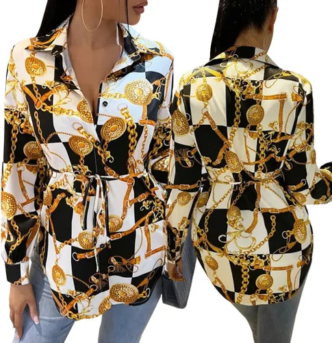 Vista 4 de Vestidos tipo camisa para mujer, sexy, con botones, con cuello, blusas de manga larga, estampado floral