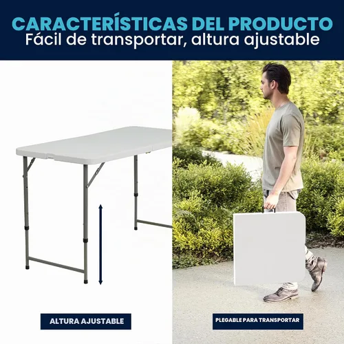 Vista 9 de Flash Furniture Mesa rectangular de plástico plegable de 4 pies con patas ajustables y asa de transporte, mesa de banquete portátil biplegable
