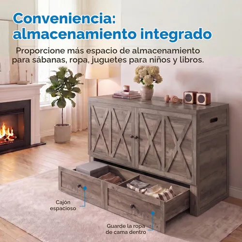Vista 5 de Mjkone Murphy - Cama con colchón de tres pliegues, cama Queen oculta con estación de carga USB integrada y 2 cajones de almacenamiento, camas Gris