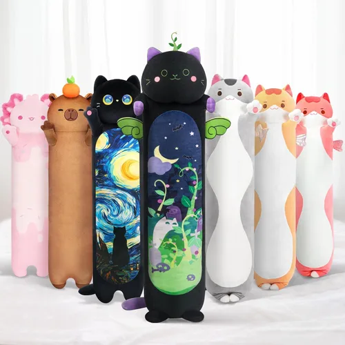 Vista 10 de Mewaii Peluche de gato largo, 5 tamaños, 120% relleno extra, almohada gigante para el cuerpo de los niños, lindo peluche Kawaii de ojos grandes
