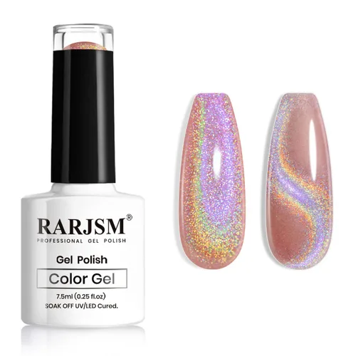 Vista 10 de RARJSM Esmalte de uñas de gel con purpurina holográfica plateada, efecto arcoíris galáctico, universal, sin imán, para secado con lámpara UV o LED