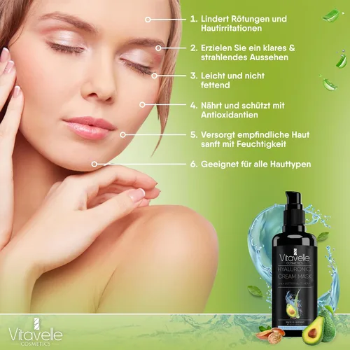 Vista 4 de VITAVELLE Mascarilla hidratante – Mascarilla hidratante de ácido hialurónico reafirmante con aceite de aguacate, manteca de karité, aloe vera