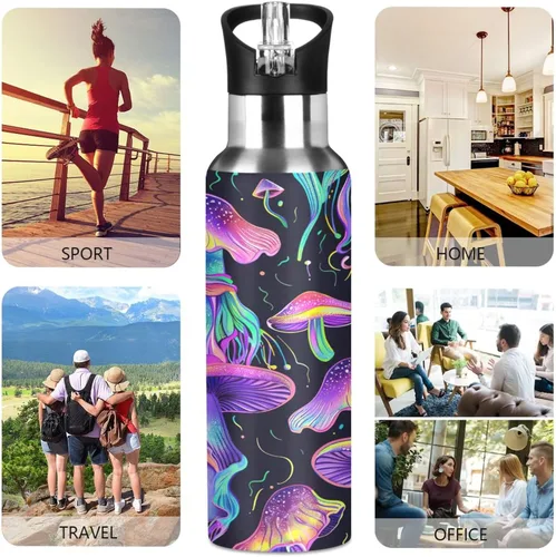 Vista 5 de Insulated Stainless Steel Water Bottle with Straw 32 Oz, Leakproof Water Bottles for Gym Outdoor Travel School, Psychedelic Mushrooms Purple