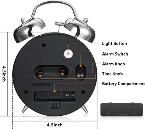 Vista 4 de Cadmos Reloj despertador con alarma fuerte para personas que duermen profundamente, diseño retro de 10 cm, silencioso, sin tic-tac, de cuarzo