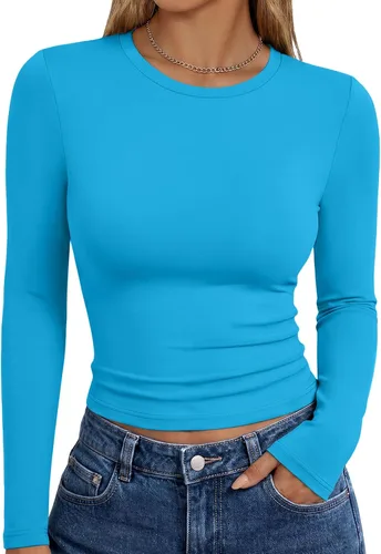 Vista 38 de Trendy Queen Camisetas de manga larga para mujer, camisetas básicas de Verde militar