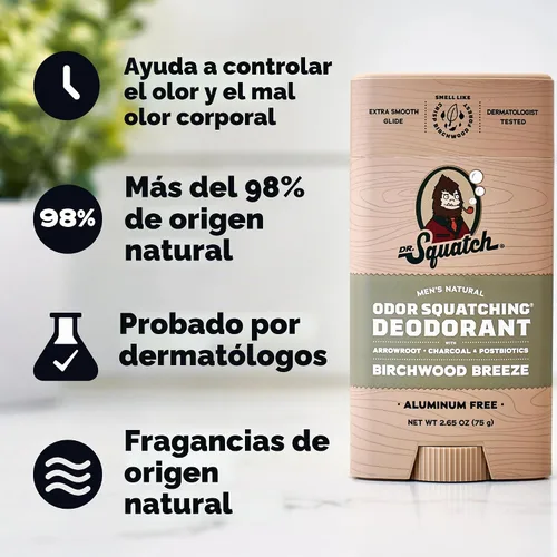 Vista 5 de Dr. Squatch - Desodorante natural para hombres - Sin aluminio, elimina el olor - Birchwood Breeze (2.65 oz, paquete de 3)