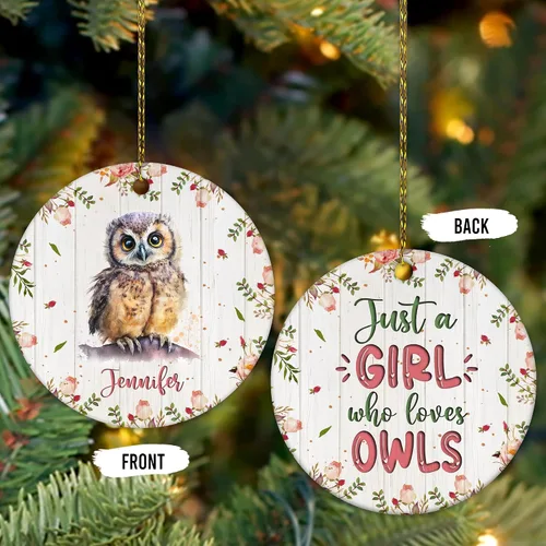Vista 6 de Hyturtle Adorno de Navidad personalizado para los amantes de los búhos, adorno de cerámica con nombre personalizado de Just A Girl Who Loves Owls
