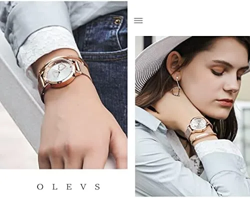 Vista 5 de OLEVS Relojes de pulsera clásicos de oro rosa para mujer, juego de regalos con pulsera con forma de corazón de diamante, reloj analógico de cuarzo