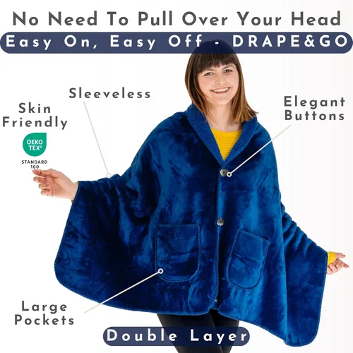 Vista 2 de EzrAllora Manta Poncho de Doble Capa Premium para Mujeres -Ponte y Listo Sin Mangas- Chal de Vellón Sherpa con Bolsillos - Manta Vestible - Regalos