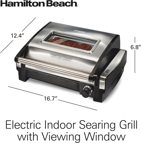 Vista 8 de Parrilla de interiores Hamilton Beach 25361, Tapa de acero inoxidable con ventana, Plateado Adjustable Temperature Control To 450°F 118 sq. in.