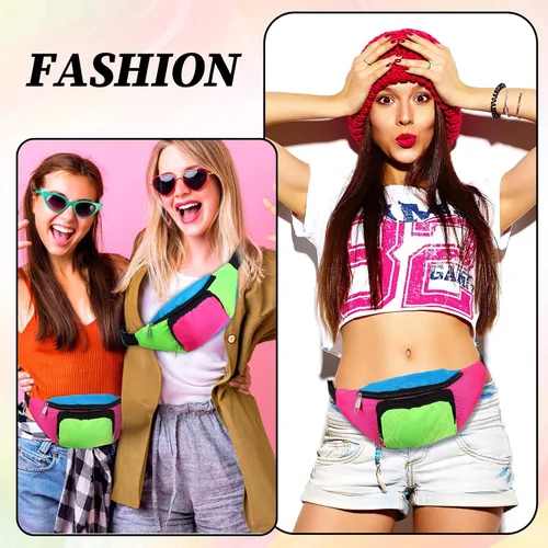 Vista 7 de 4 cangureras de neón de los años 80 con 2 bolsillos, riñonera retro para mujeres y hombres, accesorios de los años 80 y 90, talla grande