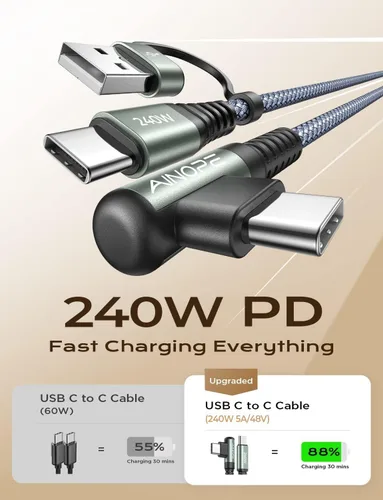 Vista 2 de AINOPE Cable USB C Largo de 100W Multi 4 en 1 Cable de Carga Cargador Tipo C de Carga Rápida USB a USB C, Ángulo Recto Compatible con iPhone 16 15