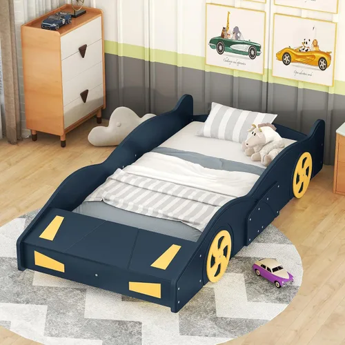 Vista 11 de Harper & Bright Designs Cama de plataforma en forma de auto de tamaño individual con almacenamiento y ruedas, cama individual para niños, marco