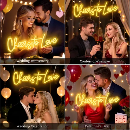 Vista 3 de Letrero de neón grande con texto en inglés "Cheers to Love", letrero de neón con interruptor de atenuación, letrero LED reutilizable para telón