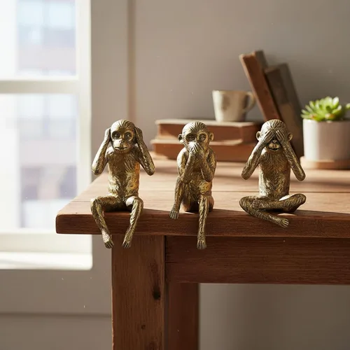 Vista 4 de Juego de estatuas de 3 monos sabios, figuras de See Hear Speak No Evil, estantes de resina dorada antigua, decoración de animales sentados