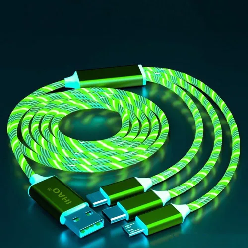Vista 22 de IHAO Cable de carga multipuerto, 3 combinaciones en un cable USB A a USB C/Micro USB PD, cable de carga rápida iluminado LED que fluye compatible