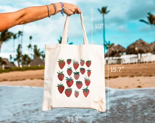 Vista 4 de Bolsa de lona de fresa para mujer, estética, reutilizable, bolsa de hombro para compras, viajes, regalo para niñas