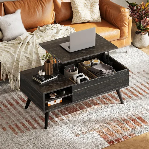 Vista 7 de WLIVE - Mesa de centro de madera con parte superior elevable, compartimento oculto y estante de almacenamiento ajustable, mesa elevable para comedor