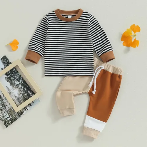 Vista 6 de Engofs Conjunto de ropa de otoño e invierno para bebé y niño pequeño, sudadera de manga larga a rayas y pantalones