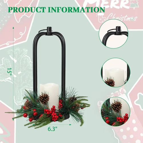 Vista 5 de Farol de Metal Navideño de 15" Faroles de Decoración Navideña para Exteriores con Vela LED Sin Llama Soporte Colgante, Farol Colgante Decorativo