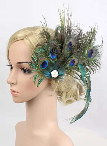 Vista 4 de Z&X Diadema de plumas de pavo real con clip para el cabello, disfraz de los años 20