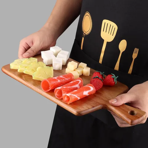 Vista 6 de Tabla de cortar de madera de acacia con mango para cocina, tablas de cortar de madera pequeñas para fruta, queso, pan, carne, charcutería, servir