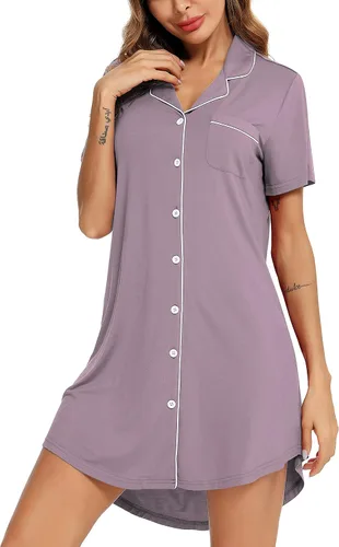 Vista 118 de Samring Camisón de pijama para mujer, manga corta/larga, con botones, camisón para dormir, camisón para novio, talla XXL