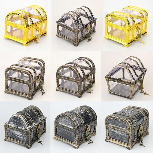Vista 7 de Cofre del tesoro pirata para niños: pequeña caja del tesoro con cerradura y llave, caja de colección vintage de plástico para almacenamiento