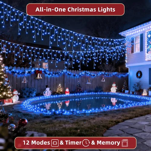 Vista 3 de 504 luces LED de Navidad para exteriores de 50 pies con 112 gotas, decoraciones de Navidad, luces colgantes de 12 modos, luces regulables para Azul