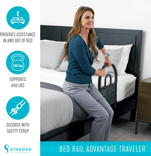 Vista 5 de Stander Riel de cama Advantage Traveler, barandilla plegable bariátrica con bolsa para adultos, personas mayores y ancianos, barandilla de seguridad