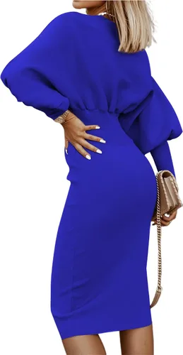 Vista 2 de Vestido de manga larga tipo farol para mujer, elástico, cintura alta, formal, bodycon, vestido midi