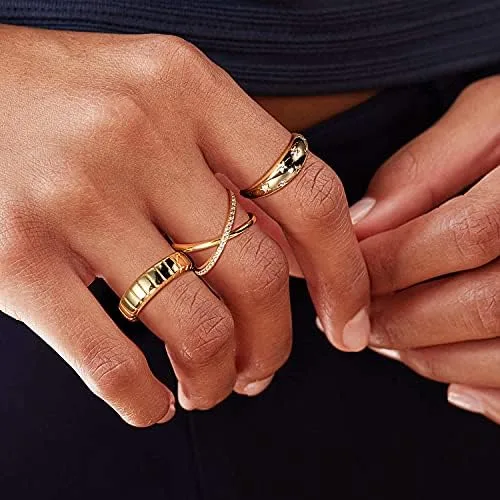 Vista 4 de AllenCOCO Anillos de oro para mujer, chapados en oro de 14 quilates, apilables, lisos, joyería de boda para niñas