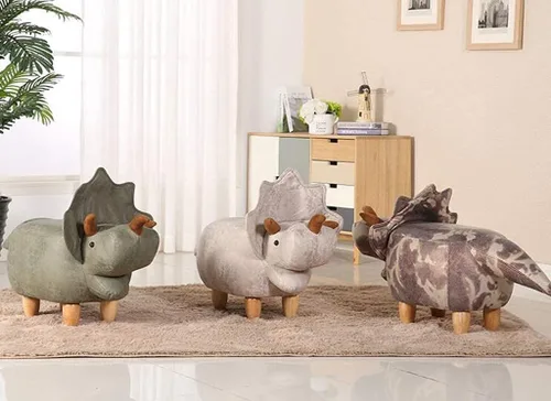 Vista 2 de Taburete de sofá con forma de dinosaurio, taburete de madera para sofá, taburete creativo de animales, otomano, vestíbulo, cojín suave, banco