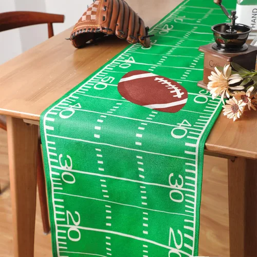 Vista 4 de Tegeme 2 piezas de camino de mesa de fútbol americano, decoraciones desechables de lino, mantel rectangular verde para cumpleaños, decoración