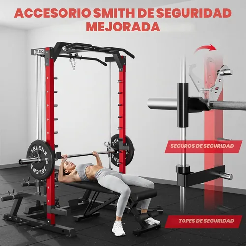 Vista 6 de JELENS SR01 Smith Machine, jaula de potencia multifunción de 2000 libras con sistema de extracción LAT, estante para sentadillas todo en uno