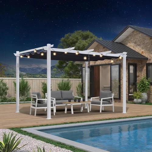 Vista 48 de PURPLE LEAF Pérgola de 10 x 12 pies con toldo retráctil, pérgola cuadrada de bronce de aluminio para patio al aire libre, junto a la piscina, beige