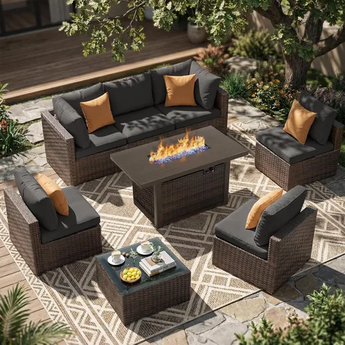 Vista 14 de Juego de muebles de patio al aire libre, 7 piezas, sofá seccional de mimbre con cojines y mesa de té, sofá de conversación de ratán para patio Beige