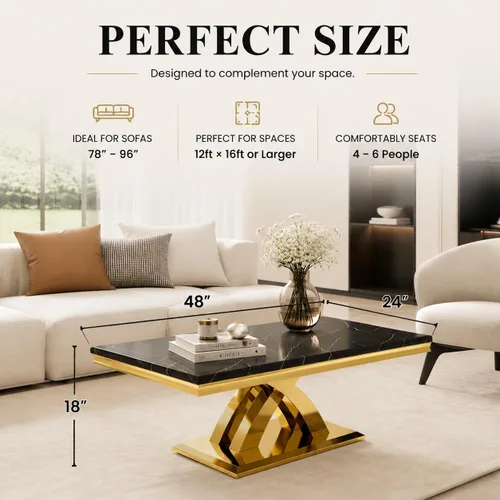 Vista 2 de AUZ Mesa auxiliar negra y dorada de 48 pulgadas, mesa central rectangular de lujo con base de metal pulido en forma de X para sala de estar, oficina