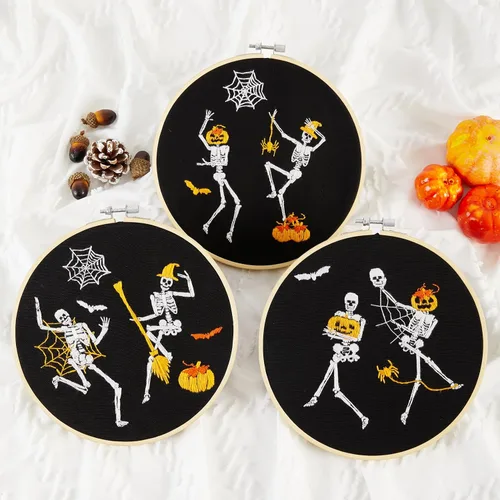 Vista 4 de Kit de bordado de Halloween para adultos principiantes, kit de punto de cruz estampado para adultos principiantes, divertido kit de iniciación