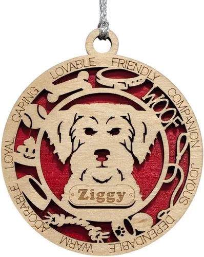 Vista 212 de Adorno de Navidad personalizado para perro Cavalier King Charles Spaniel, redondo de 3 pulgadas, madera cortada con láser de 2 capas, nombre y texto