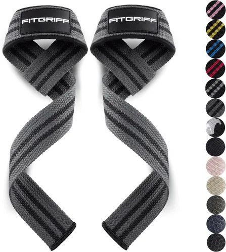 Vista 8 de Fitgriff® Correas de muñeca para levantamiento de pesas, gimnasio, peso muerto, entrenamiento (hechas de algodón premium y acolchadas) - Hombres