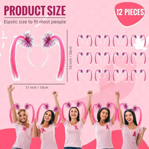 Vista 3 de Hanaive 12 diademas para concienciación sobre el cáncer de mama, diademas con pompones rosados, diadema envuelta en oropel para cola de caballo