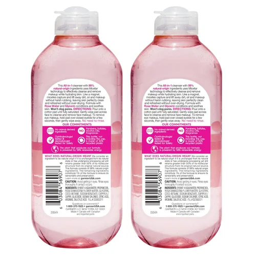 Vista 2 de Garnier Agua micelar con agua de rosas y glicerina, limpiador facial hidratante y desmaquillante, para todo tipo de piel, vegano, libre de crueldad