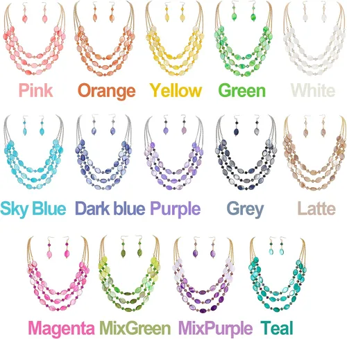 Vista 3 de Firstmeet Juego de collar de cuentas de 3 capas con aretes, cuentas ovaladas de concha de regalo para mujer