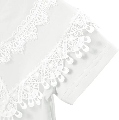 Vista 5 de Blusa bordada de encaje para niña pequeña, manga corta, cuello de muñeca de algodón, camiseta de uniforme escolar