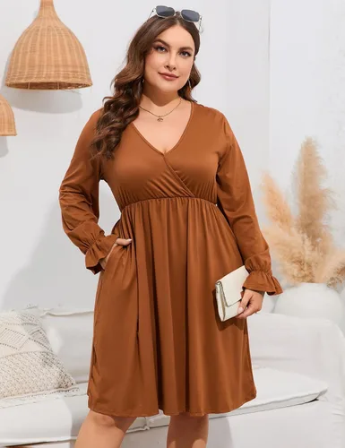 Vista 6 de ShopWonder Vestido de talla grande para mujer, con cuello en V, acampanado, largo hasta la rodilla, vestido de fiesta, minivestido de fiesta