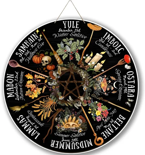 Vista 10 de Rueda del Año - Placa de madera de 30 cm, símbolos paganos de Sabbats, runas de brujas, tabla grabada en madera, vacaciones wiccanas, calendario