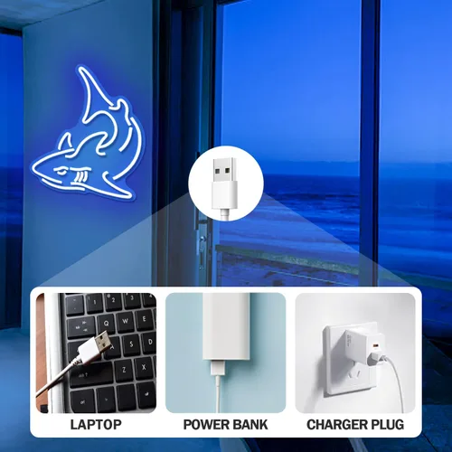 Vista 6 de Letrero de neón de tiburón, luces de neón azules para decoración de pared, letrero de neón LED de tiburón, letreros de neón regulables